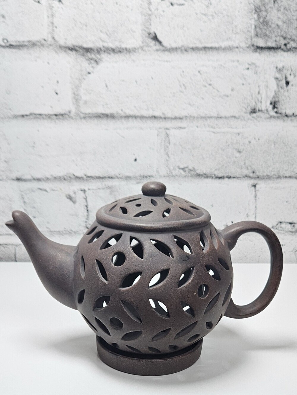 Vintage Pierced Ceramic Teapot Candle Holder Tealight Warmer Brown